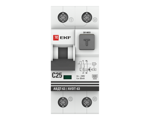 Выключатель автоматический дифференциального тока 2п C 25А 30мА тип A 6кА АВДТ-63 2мод. электромех. PROxima EKF DA63-25-30