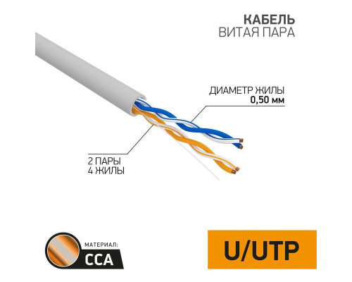 Кабель витая пара U/UTP 2х2х24AWG кат.5E solid CCA PVC сер. (м) PROCONNECT 01-0022-3