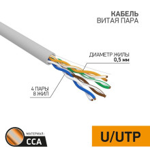 Кабель витая пара U/UTP 4х2х24AWG кат.5E solid CCA PVC сер. (м) PROCONNECT 01-0043-3