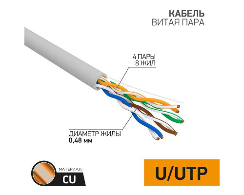 Кабель витая пара U/UTP 4х2х24AWG кат.5E медь сер. сер. (м) PROCONNECT 01-0052
