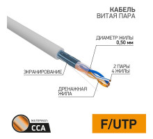 Кабель витая пара F/UTP 2х2х24AWG кат.5E solid CCA PVC сер. (м) PROCONNECT 01-0121-3