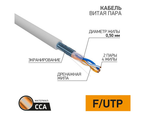 Кабель витая пара F/UTP 2х2х24AWG кат.5E solid CCA PVC сер. (м) PROCONNECT 01-0121-3